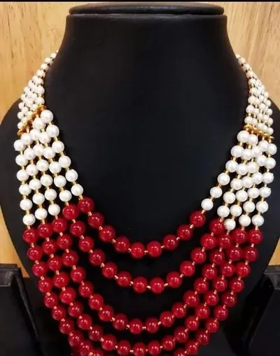 Stylish Red and White Pearl Layered Necklace For Women