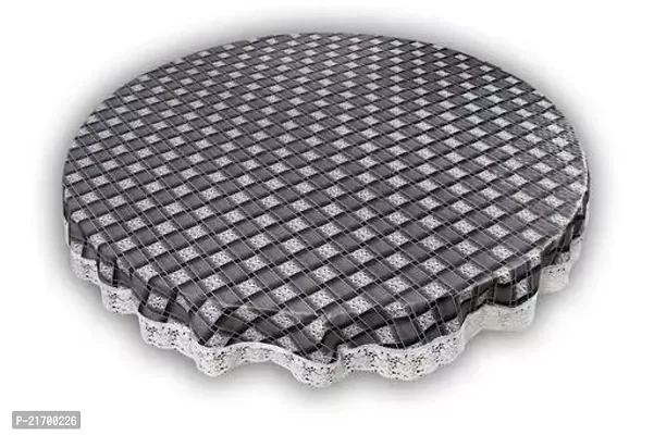 Grey Check Print Dining Table Cover 4 Seater Printed Round Shape Table Cover With White Lace Size 60 Inches Diameter Water poof Dustproof Table Cloth