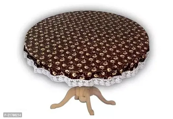 Brown Flower Print Small Table Cover 2 Seater Printed Round Shape Table Cover With White Lace Size 40 Inches Diameter Water poof Dustproof Table Cloth