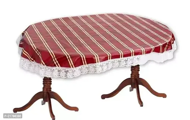 Maroon Check Print Dining Table Cover 6 Seater Printed Oval Shape Table Cover With White Lace Size 60x90 Inches Water poof Dustproof Table Cloth