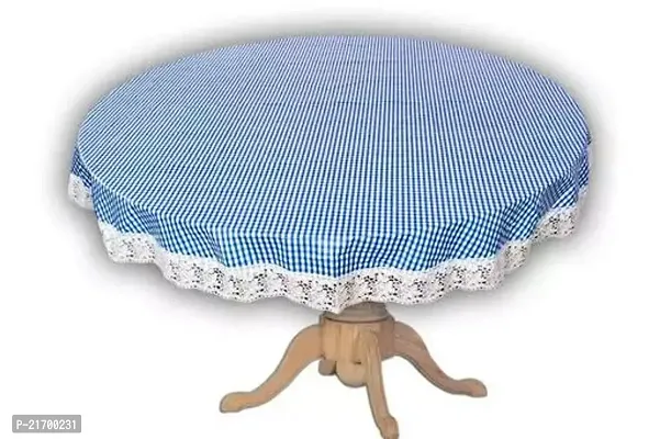 Blue Check Print Small Table Cover 2 Seater Printed Round Shape Table Cover With White Lace Size 40 Inches Diameter Water poof Dustproof Table Cloth