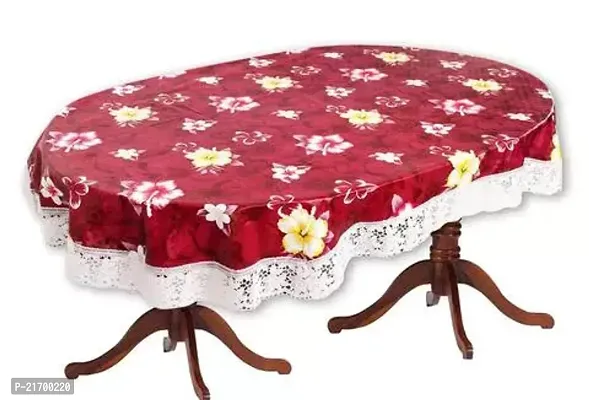 Maroon Flower Print Dining Table Cover 6 Seater Printed Oval Shape Table Cover With White Lace Size 60x90 Inches Water poof Dustproof Table Cloth-thumb0