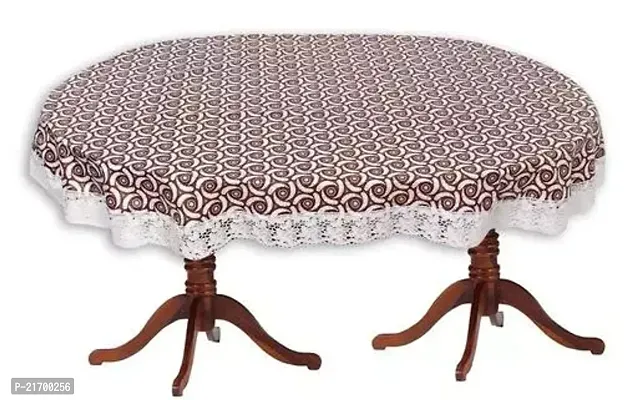 Beige Flower Print Dining Table Cover 4 Seater Printed Oval Shape Table Cover With White Lace Size 54x78 Inches Water poof Dustproof Table Cloth