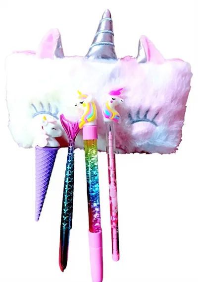 Unicorn Furr Hang Bag with 1 Unicorn Glitter gel pen 1 Unicorn Pencil 1 Mermaid pen 1 Ice cream eraser