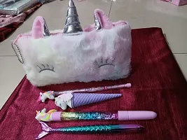 Unicorn Furr Hang Bag with 1 Unicorn Glitter gel pen 1 Unicorn Pencil 1 Mermaid pen 1 Ice cream eraser-thumb1