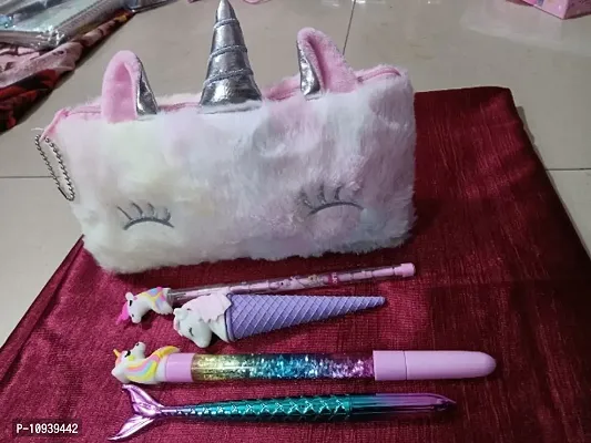 Unicorn Furr Hang Bag with 1 Unicorn Glitter gel pen 1 Unicorn Pencil 1 Mermaid pen 1 Ice cream eraser-thumb2