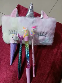 Unicorn Furr Hang Bag with 1 Unicorn Glitter gel pen 1 Unicorn Pencil 1 Mermaid pen 1 Ice cream eraser-thumb2