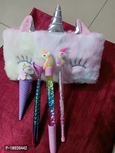 Unicorn Furr Hang Bag with 1 Unicorn Glitter gel pen 1 Unicorn Pencil 1 Mermaid pen 1 Ice cream eraser-thumb3