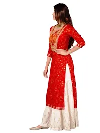 Rangoli Creations Women's Rayon Red Full Body Embroidered Bandhani Print Kurti White Gotta Work Sharara Set,Size- (XL)-thumb1