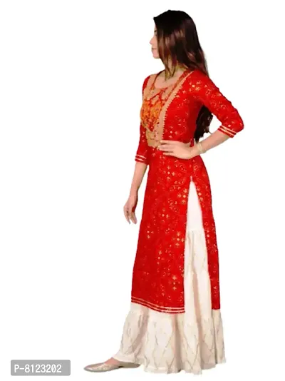 Rangoli Creations Women's Rayon Red Full Body Embroidered Bandhani Print Kurti White Gotta Work Sharara Set,Size- (XL)-thumb2