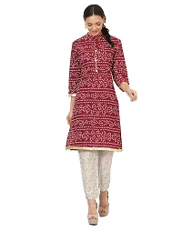 Rangoli Creations Woman's Rajasthani Bandhani Printed Cotton Designer Stylish Kurti Pant Set,Size,Medium Maroon-thumb3