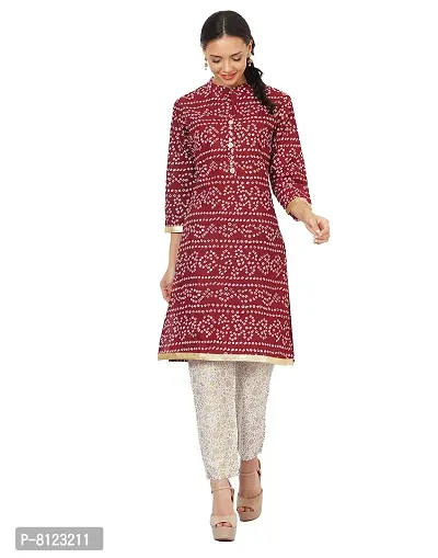 Rangoli Creations Woman's Rajasthani Bandhani Printed Cotton Designer Stylish Kurti Pant Set,Size,Medium Maroon-thumb4