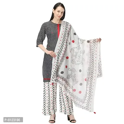 Women's Cotton Straight Kurti Palazzo Dupatta Set (Black and White, Medium, 3)-thumb0