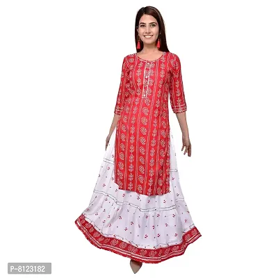 Generic Woman Bandhani Printed Cotton Kurta Skirt Set RED M L XL XXL-thumb0