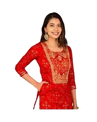 Rangoli Creations Women's Rayon Red Full Body Embroidered Bandhani Print Kurti White Gotta Work Sharara Set,Size- (XL)-thumb3