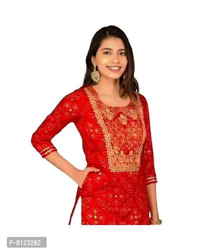 Rangoli Creations Women's Rayon Red Full Body Embroidered Bandhani Print Kurti White Gotta Work Sharara Set,Size- (XL)-thumb4