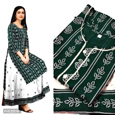 Women's Cotton Printed Regular Kurti and Skirt Set (Green , Medium )-thumb0