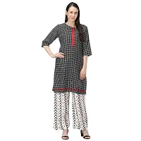 Women's Cotton Straight Kurti Palazzo Dupatta Set (Black and White, Medium, 3)-thumb3