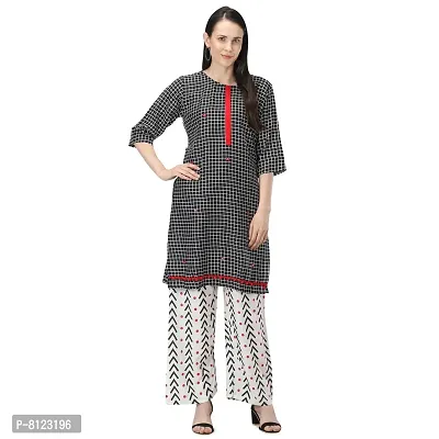 Women's Cotton Straight Kurti Palazzo Dupatta Set (Black and White, Medium, 3)-thumb4