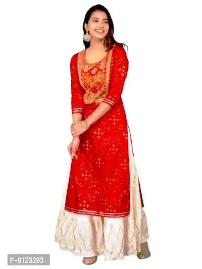 Rangoli Creations Women's Rayon Red Full Body Embroidered Bandhani Print Kurti White Gotta Work Sharara Set,Size- (XXL)-thumb0