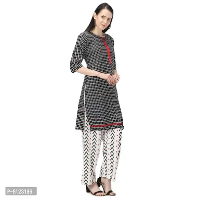 Women's Cotton Straight Kurti Palazzo Dupatta Set (Black and White, Medium, 3)-thumb3