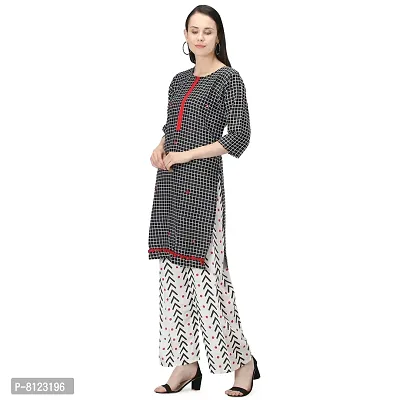 Women's Cotton Straight Kurti Palazzo Dupatta Set (Black and White, Medium, 3)-thumb5