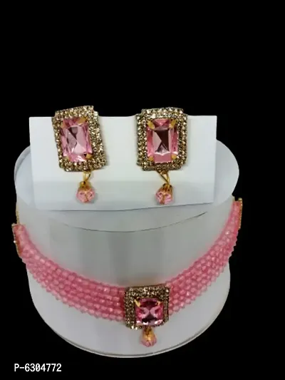 Pink Color Choker Necklace With Earring Set