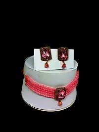 Pink Color Choker Necklace With Earring Set-thumb1