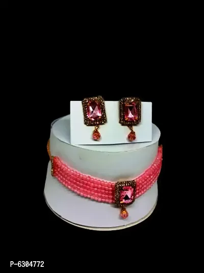 Pink Color Choker Necklace With Earring Set-thumb2