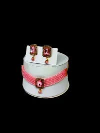 Pink Color Choker Necklace With Earring Set-thumb3