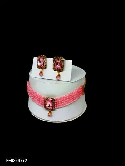 Pink Color Choker Necklace With Earring Set-thumb4