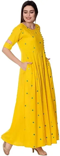 Woman Yellow Embroidered Designer  Stylish Rayon Long  Anarkali Kurti-thumb1