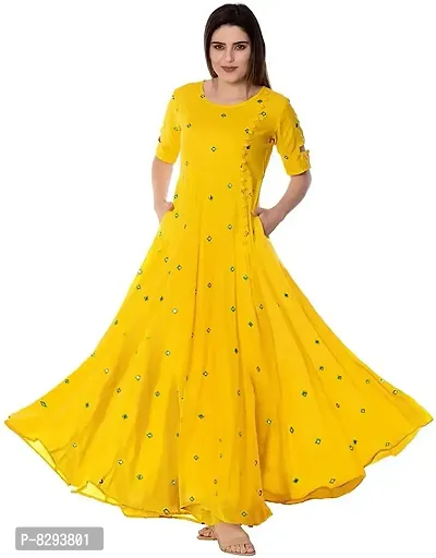 Woman Yellow Embroidered Designer  Stylish Rayon Long  Anarkali Kurti-thumb3