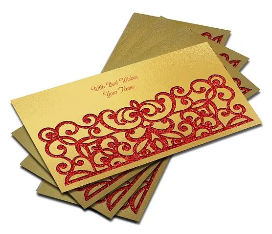 Brown Cloud Customised Exclusive Elegant Designer Laser-Cut Shagun/Money/Gift Envelope/Cover/Lifafa for Gift/Festival with Personalized Text Message/Name (SE Golden Red 003) (Pack of 6)