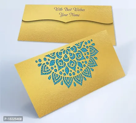 Brown Cloud Customised Exclusive Elegant Designer Laser-Cut Shagun/Money/Gift Envelope/Cover/Lifafa for Gift/Festival with Personalized Text Message/Name (SE Golden Blue 015) (Pack of 6)-thumb3