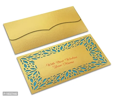 Brown Cloud Customised Exclusive Elegant Designer Laser-Cut Shagun/Money/Gift Envelope/Cover/Lifafa for Gift/Festival with Personalized Text Message/Name (Golden Blue 001) (Pack of 6)-thumb0