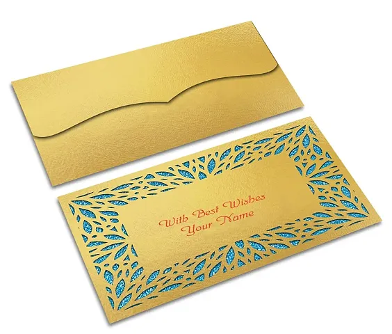 Brown Cloud Customised Exclusive Elegant Designer Laser-Cut Shagun/Money/Gift Envelope/Cover/Lifafa for Gift/Festival with Personalized Text Message/Name (Golden Blue 001) (Pack of 6)