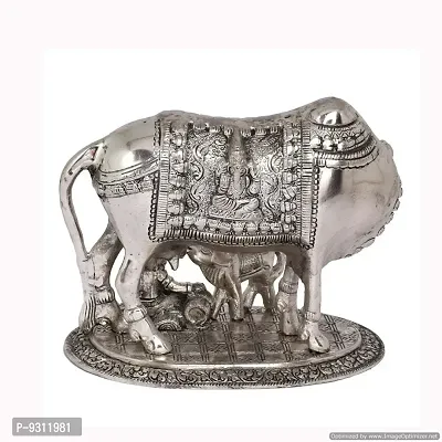 Saudeep India Rajasthani Jaipur Unique Traditional Handicraft Antique Oxidized White Metal Big Cow and Calf with Ladoo Gopal Puja Article Holy and Lucky for Business and Locker-thumb3