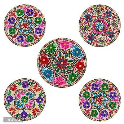 Saudeep India Round Rajasthani Ethnic Embroidered Khadi Cushion Cover, 16x16 Inch Pack of 3(pt3_cushioncover_po3)-thumb0