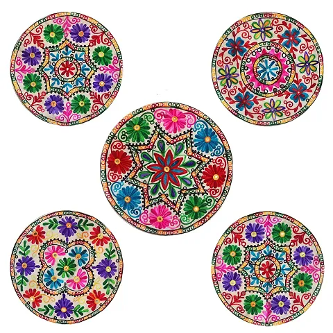 Saudeep India Round Rajasthani Ethnic Embroidered Khadi Cushion Cover (Multicolour, 16x16 Inch)
