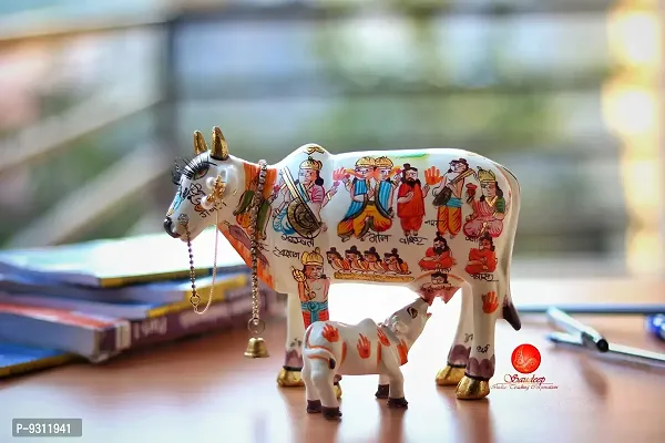 Saudeep India Trading Corporation Polyresin Hand Painted Kamdhenu Cow with Calf God Figure Showpiece (Multicolour, 20x9x15cm)