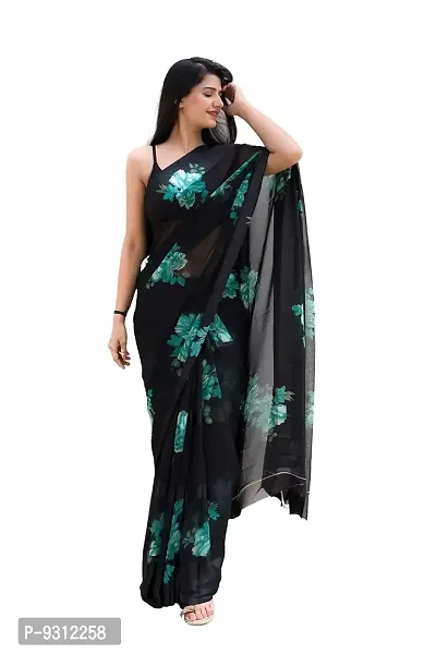 Saudeep India Women's Satin Silk Abstract Floral Print Saree With Blouse Piece(Black, Blue Leaf)-thumb0