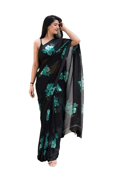 Saudeep India Women's Satin Silk Abstract Floral Print Saree With Blouse Piece(Black, Leaf)