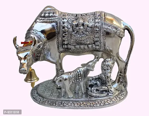 Saudeep India Trading Corporation Rajasthani Jaipur Unique Traditional Handicraft Antique Oxidized White Metal Big Cow and Calf with Ladoo Gopal Puja Article Holy and Lucky for Business and Locker