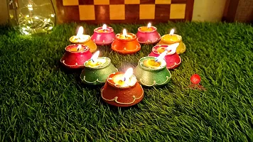 Saudeep India Matki Diya with Wax | Traditional Handmade Terracotta Clay Diya | Mitti Deepak Decorate for Diwali | Diya for Puja | Diwali Home Decoration Diya (Set of 10, Multicolor)-thumb1