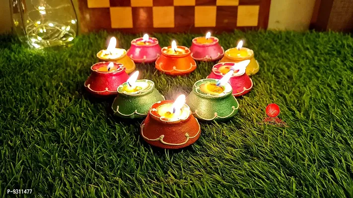 Saudeep India Matki Diya with Wax | Traditional Handmade Terracotta Clay Diya | Mitti Deepak Decorate for Diwali | Diya for Puja | Diwali Home Decoration Diya (Set of 10, Multicolor)-thumb2