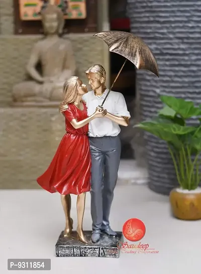 Saudeep India Trading Corporation Polyester Love Couple with Umbrella Showpiece (White and Red)
