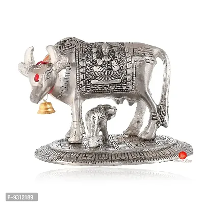 Saudeep India Handicraft Antique Oxidized White Metal Cow and Calf Statue(13x15 cm) (Export Quality)