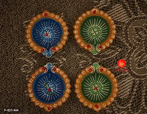 Saudeep India Diwali Diyas | Traditional Handmade Terracotta Clay Diya | Mitti Deepak Decorate for Diwali | Diya for Puja | Diwali Home Decoration Diya (Set of 4, Multicolor)-thumb0