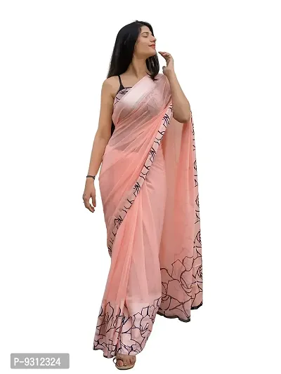 Saudeep India Women's Satin Silk Abstract Floral Print Saree With Blouse Piece(Pink)-thumb0